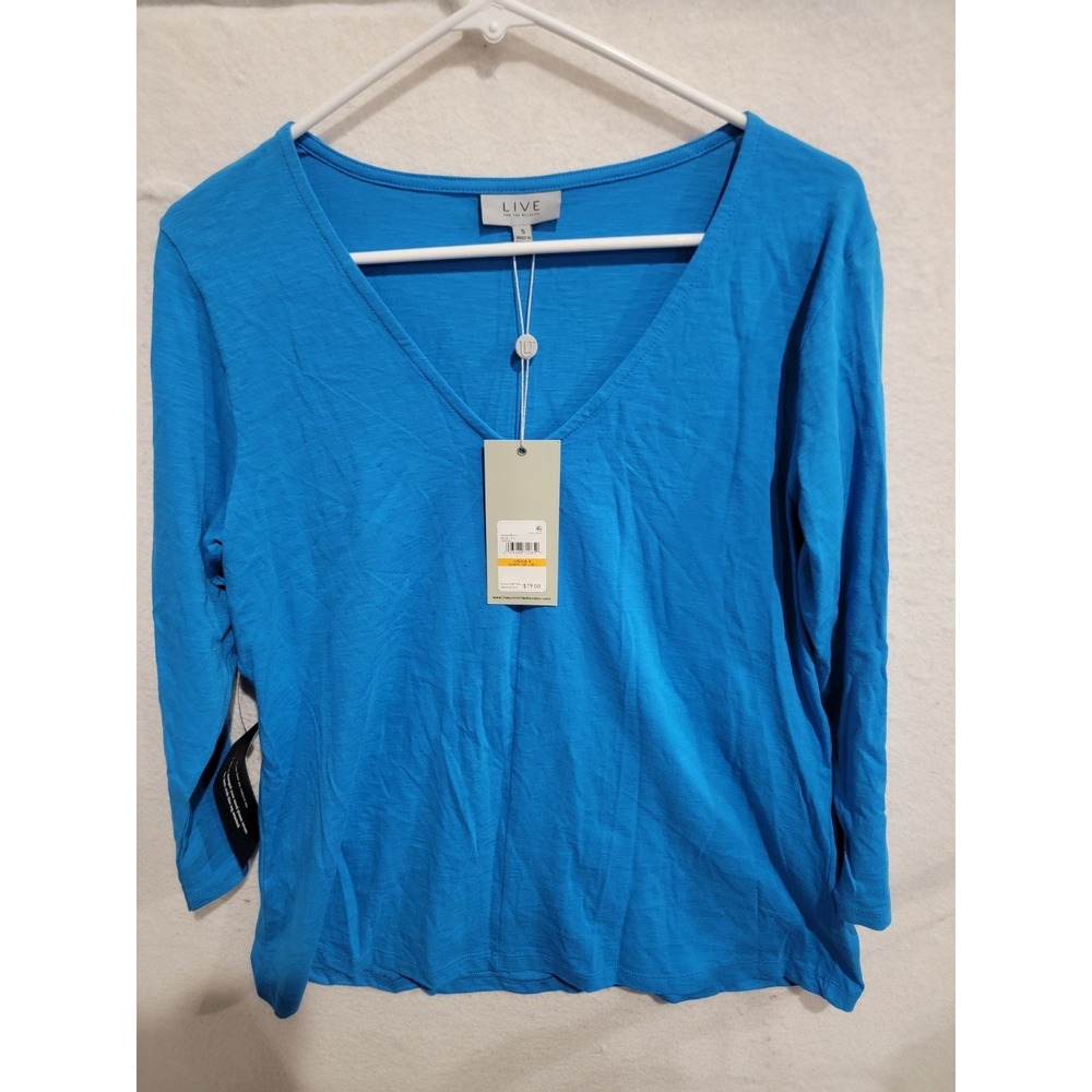 Live Unlimited London Blue Slub Cotton V-Neck 3/4 Sleeve Top NWT Size Small